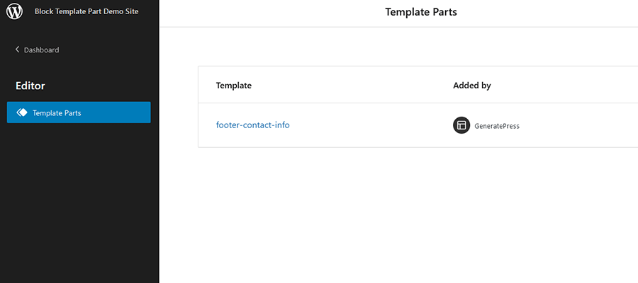 The WordPress Template Parts screen.