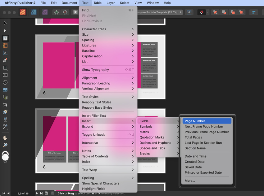 affinity publisher insert text items