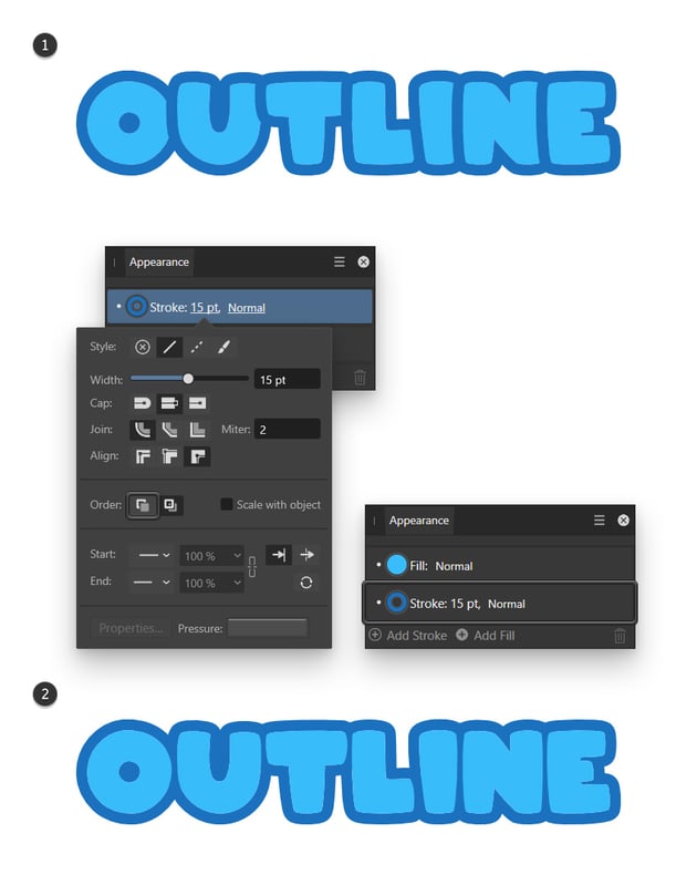 how to outline text in Affinity Designer using strokes