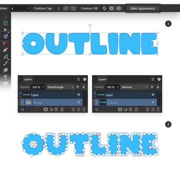 how to turn text into vectors using the contour tool in Affinity Designer