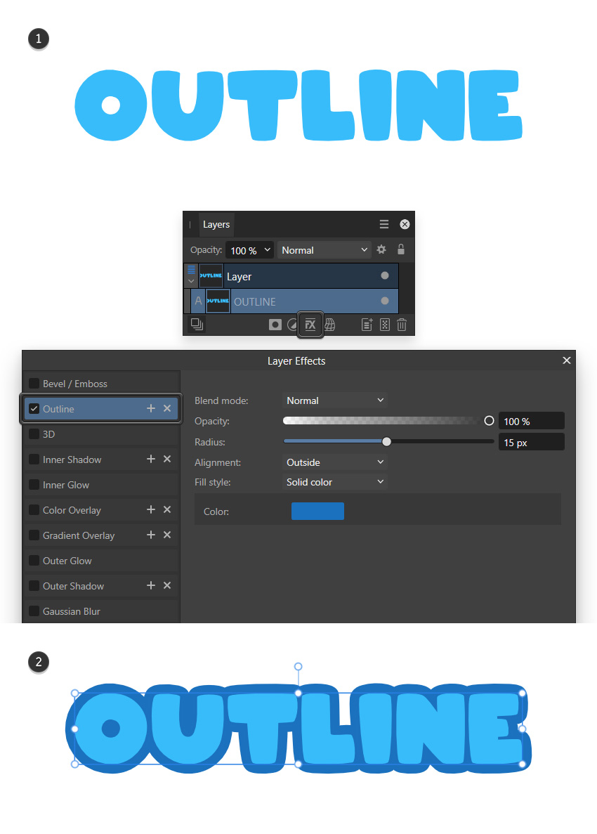 how to outline text in Affinity Designer using layer effects