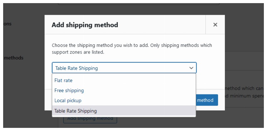Table Rate Shipping Dropdown