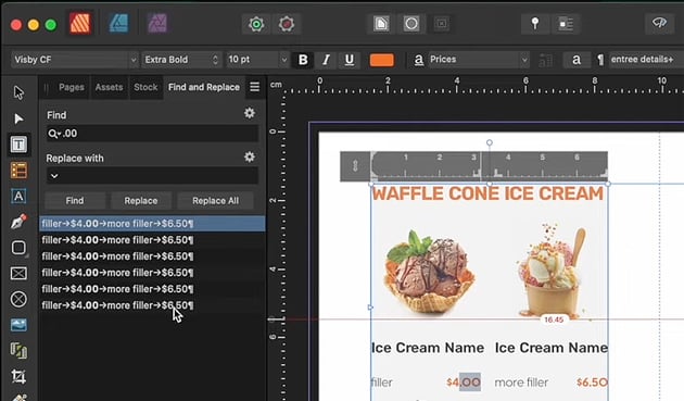 affinity publisher find and replace
