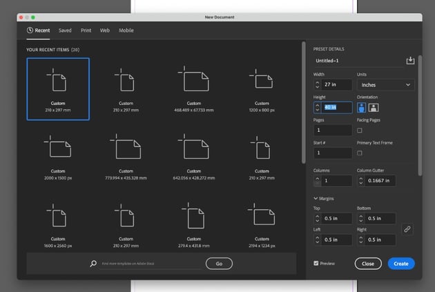 indesign create new document