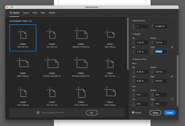 new document bleed margins