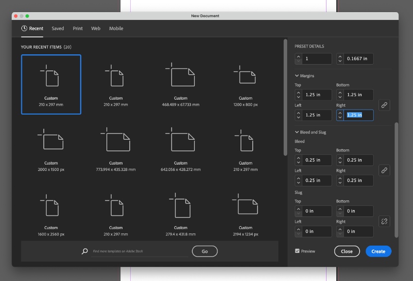 new document bleed margins