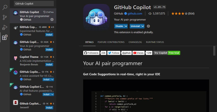 Screenshot of GitHub Copilot VS Code extension