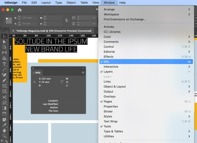 indesign info panel