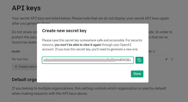 Screenshot of OpenAI API key