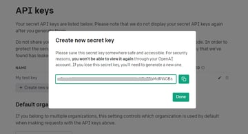 Screenshot of OpenAI API key