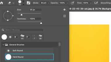 customize eraser tool brush settings of type, size and hardness from options bar