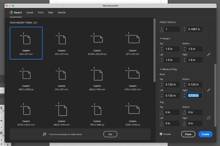 additonal print settings bleed and margins to document
