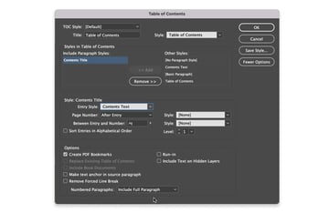 Table of contents settings