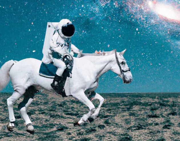 An astronaut riding a horse in photorealistic style. Output by DALL-E