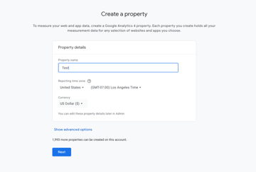 filling out property information google analytics