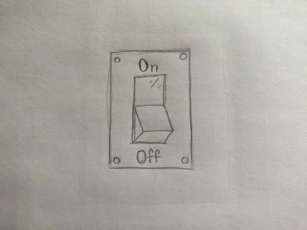 Lamp toggle with labels "on" and "off" on each side, pencil drawing.