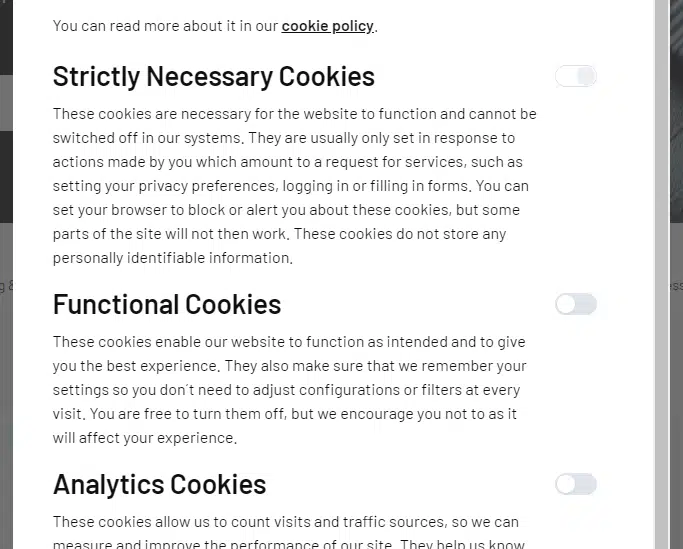 Toggles for cookies. All are grey, but they have different unclear states.