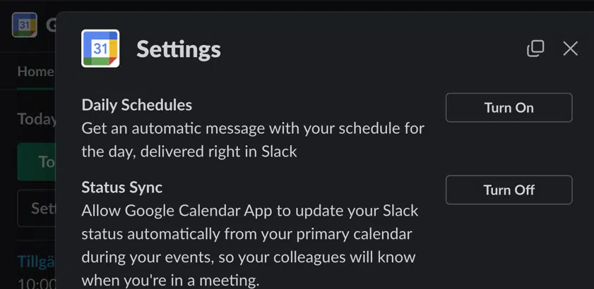 Slack cookie settings using buttons labeled "Turn off" instead of toggles.