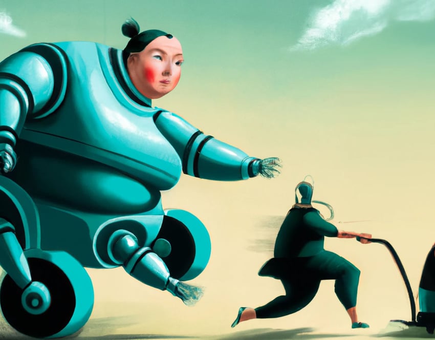 "human woman designer chasing a fast robot" by Fernando Botero