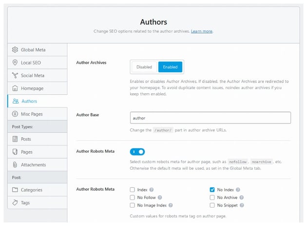Author Page Configuration Options