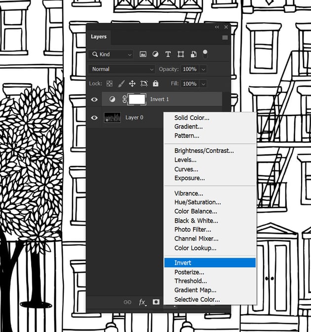 create an Invert adjustment layer using the layer panel