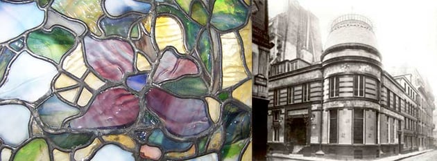 Close up detail of the Tiffany stained glass window and Hotel Bing, property of art dealer Siegfried Bing