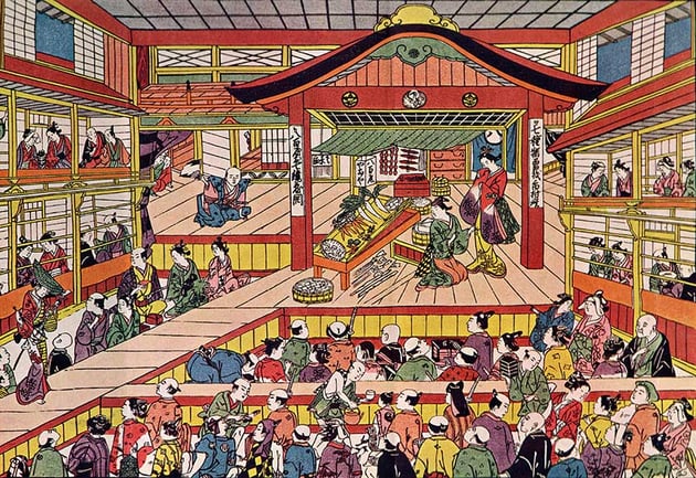 Shibai Ukie by Masanobu Okumura, depicting the Kabuki theater Ichimura-za in its early days, 1741–44