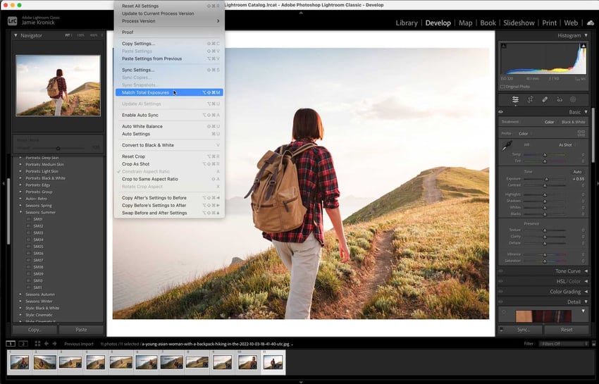 Match Total Exposures option in Adobe Lightroom