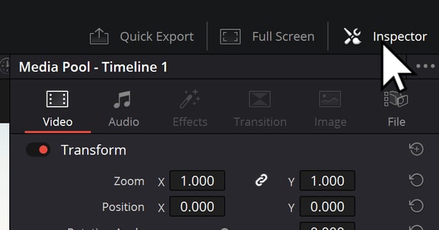 User Clicking Inspector Tab for DaVinci Resolve Tutorial for how to Crop And Zoom.