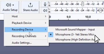 Select the correct recording device, using Recording Devices Menu inside of Audacity audio editing software.