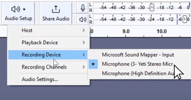 Select the correct recording device, using Recording Devices Menu inside of Audacity audio editing software.