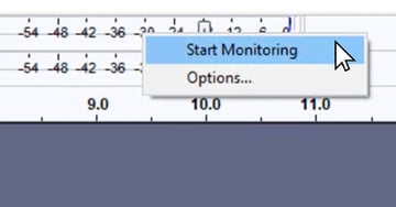 User clicking start monitoring option for exclusive overview for Audacity audio editing software.