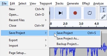 User accessing save project menu for audacity for audio portion of video editing guide.