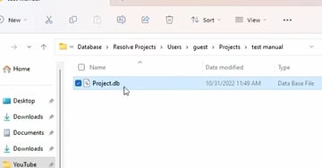 User showing database file in file explorer to begin to answer the question "Where does DaVinci resolve save projects?"