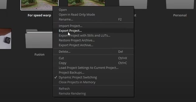 Export project Menu within the Project Manager for DaVinci resolve project location guide.