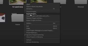 Export project Menu within the Project Manager for DaVinci resolve project location guide.