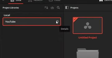 User clicking information symbol next to you tube text for guide that explains where are DaVinci resolve projects saved.