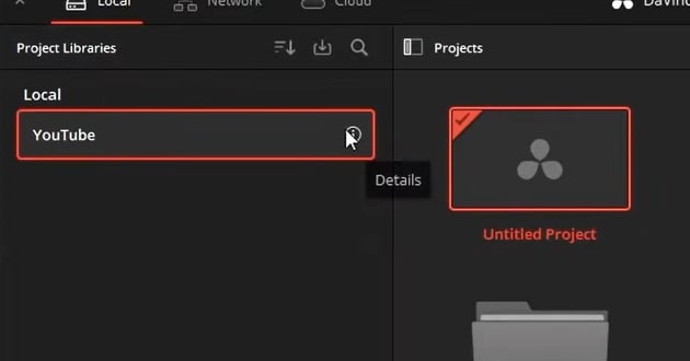 User clicking information symbol next to you tube text for guide that explains where are DaVinci resolve projects saved.