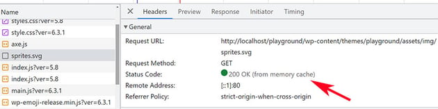 The browser caches the SVG Sprite