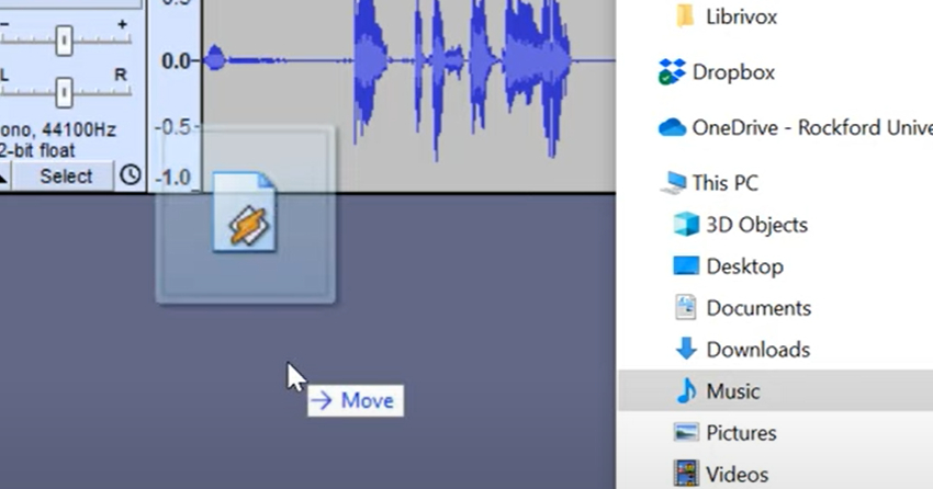 User importing audio by clicking and dragging for Audacity editing software overview.