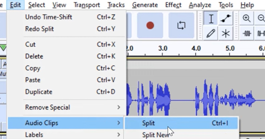 User accessing split menu for Audacity audio editing software overview.