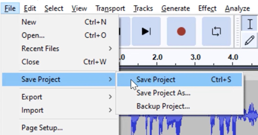 User accessing save project menu for audacity for audio portion of video editing guide.