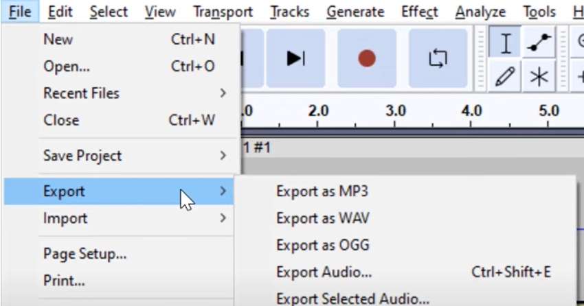 User displaying export menu for Audacity editing overview.