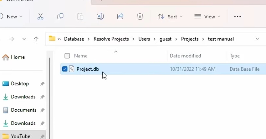 User showing database file in file explorer to begin to answer the question "Where does DaVinci resolve save projects?"