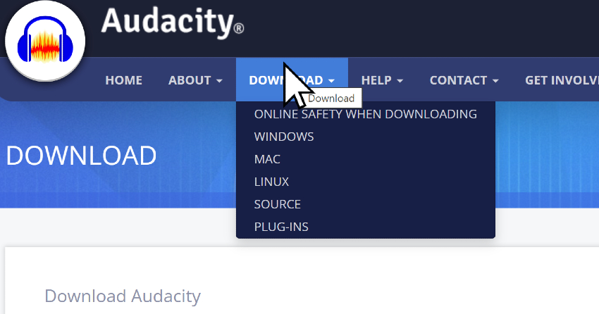 Download menu on Audacity website for Audacity audio editing tutorial.