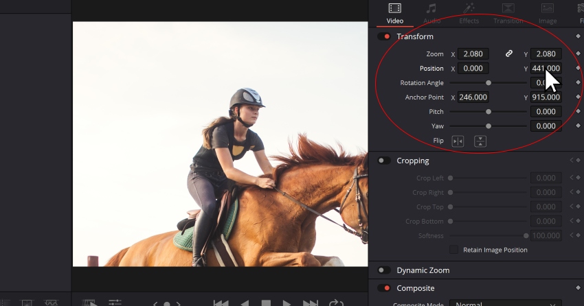 User Clicking Zoom Settings for How To Crop Video in DaVinci Resolve