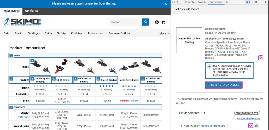 Screenshot of ski bindings store with a comparison table of items