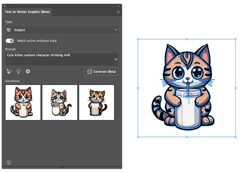 type in a text prompt to generate a subject of a cartoon cat drinking milk
