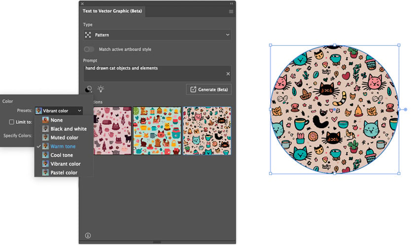 how to control and generate a custom pattern from the text-to-vector panel in Illustrator