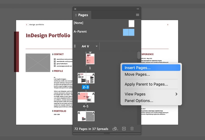 indesign insert pages